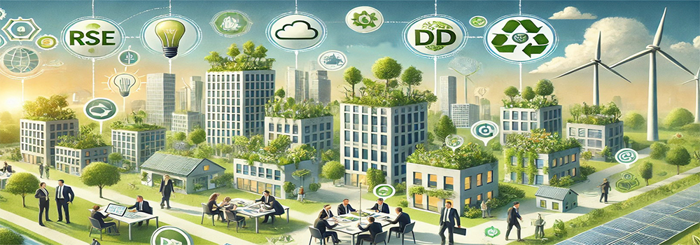 Illustration de la RSE DD : immeubles entourés de végétation, toits végétalisés, panneaux solaires, éoliennes en arrière-plan
