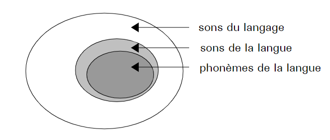 3 ensembles : phonèmes de la langue, sous-ensemble des sons de la langue, lui-même sous-ensemble des sons du langage