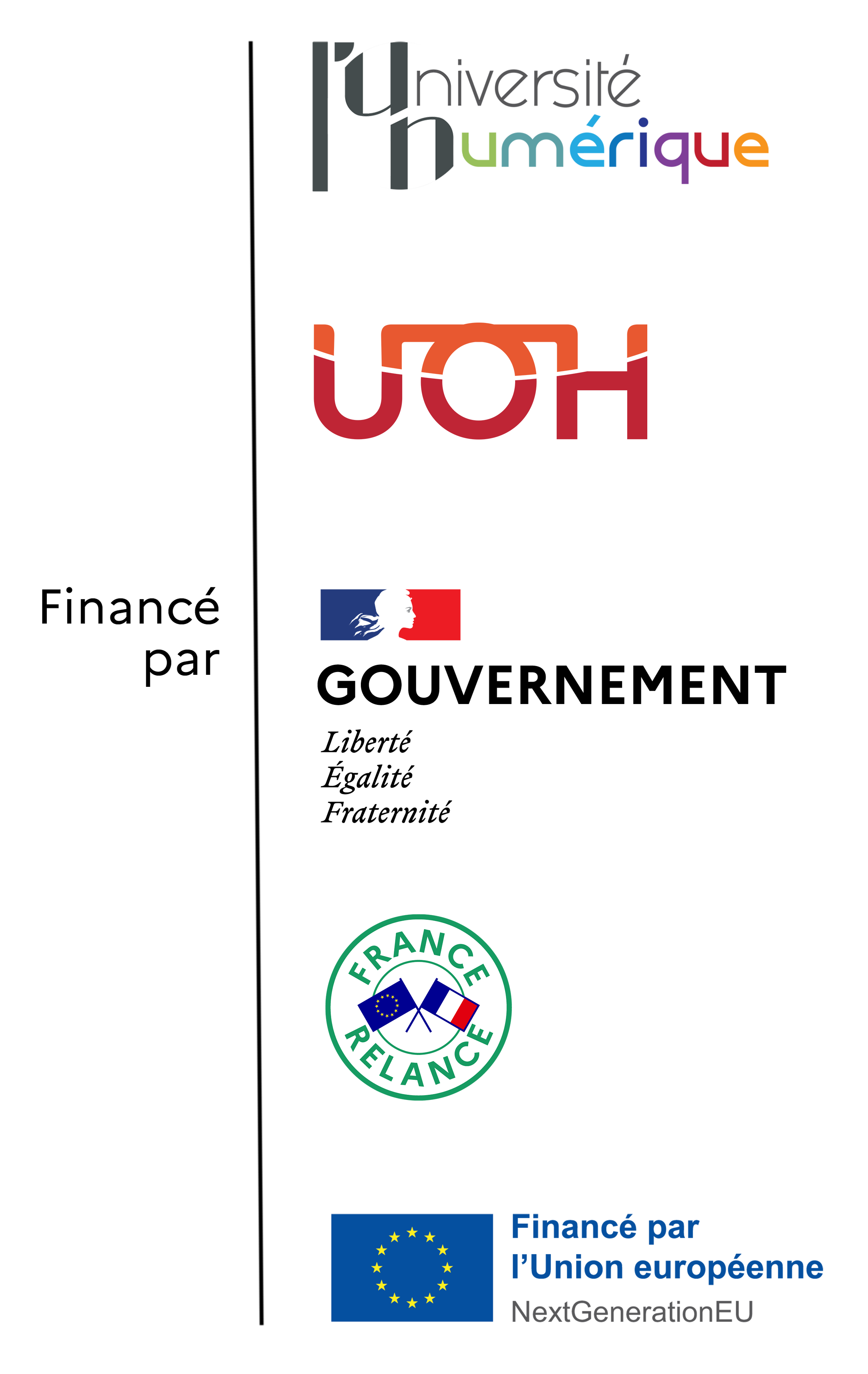 Logos France Relance, Gouvernement, L'Université Numérique, Fondation UNIT, Union Européenne