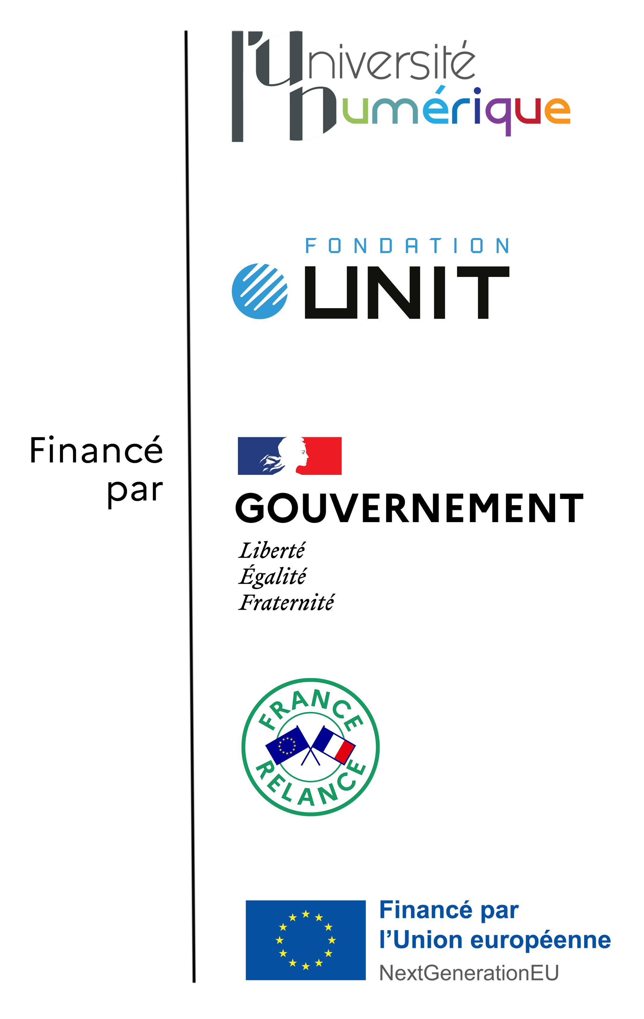Logos of France Relance, Government of France, L'Université Numérique, Fondation UNIT, European Union